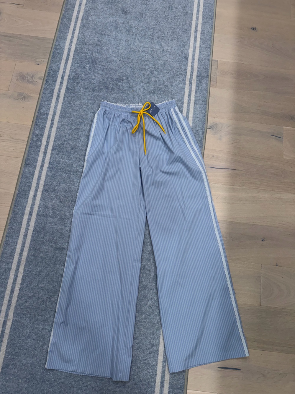 Light Blue Pinstripe Wide Leg Joggers with Yellow Drawcord